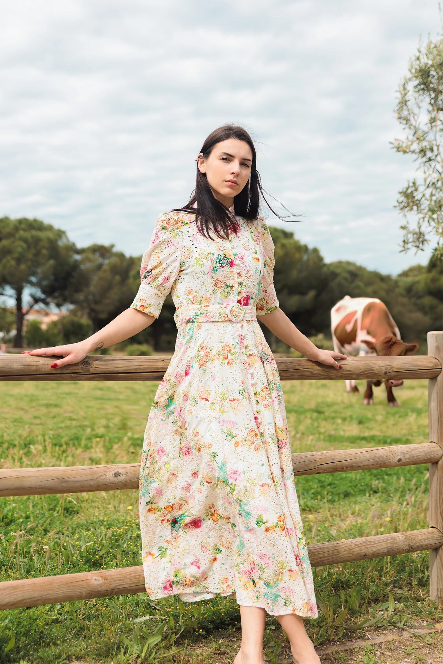 Floral Eyelet Belted Midi Dress – Garden Reverie – MJ253111