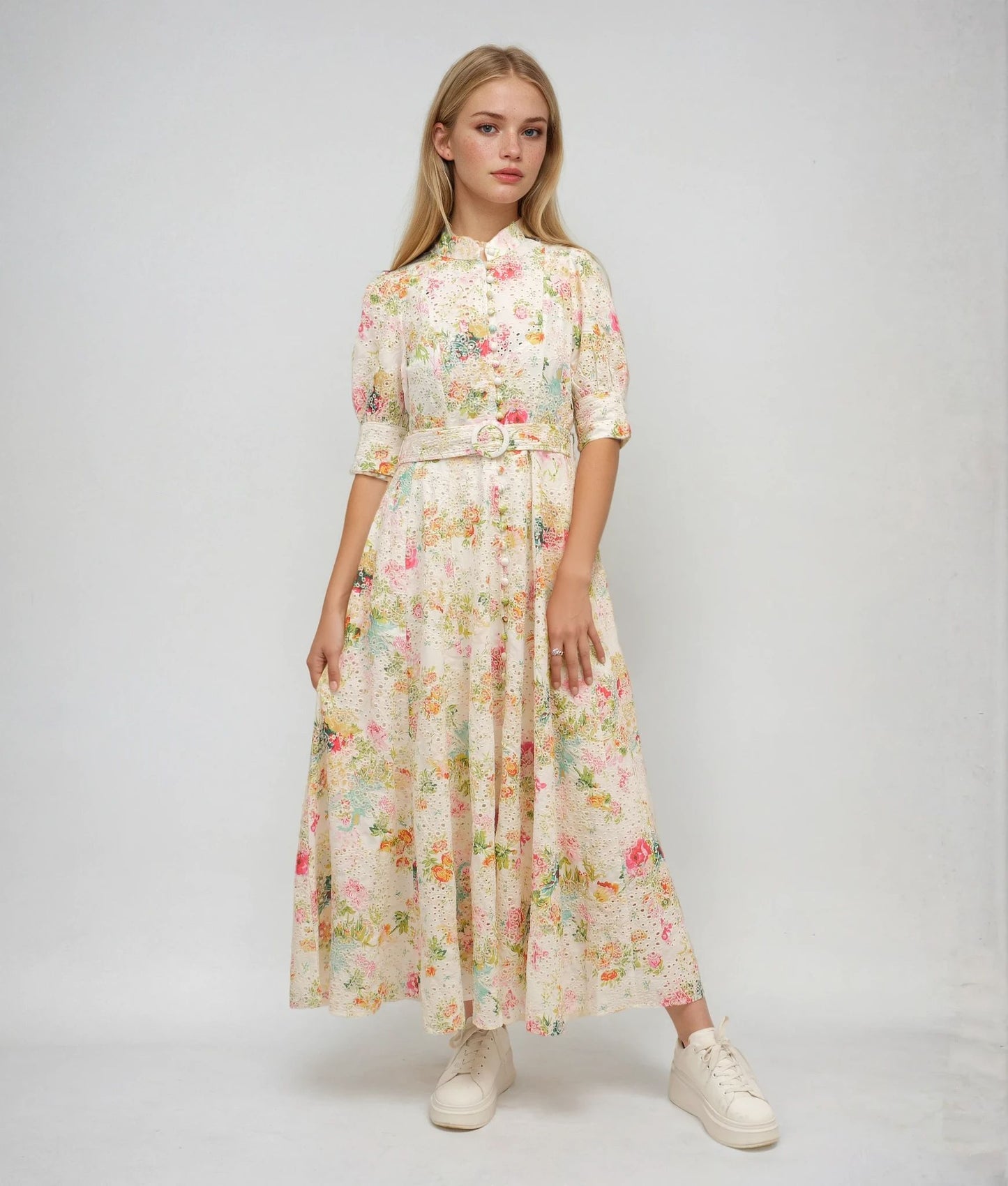 Floral Eyelet Belted Midi Dress – Garden Reverie – MJ253111