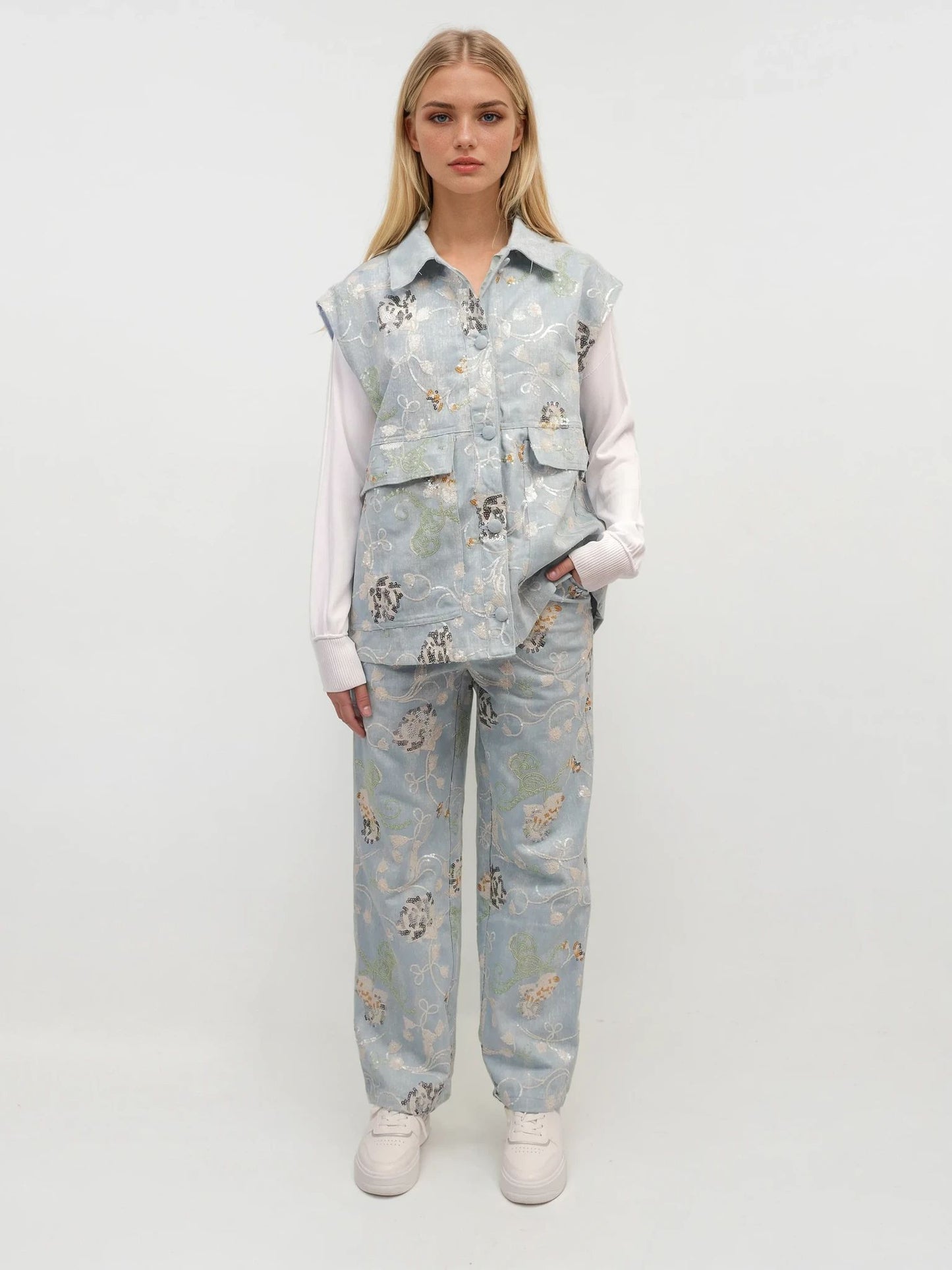 Embroidered Denim Vest – Celestial Bloom – MJ256889