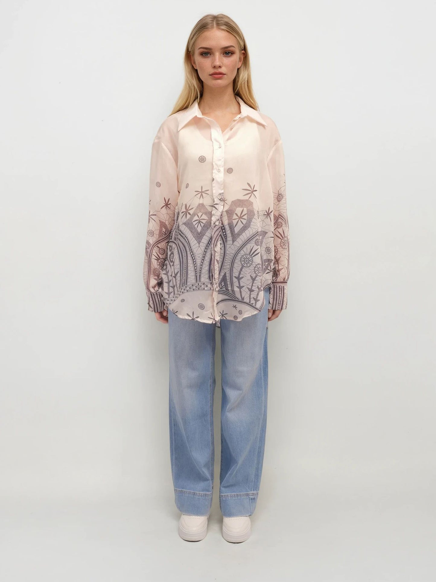 Sheer Printed Button-Up Shirt – Mystic Nomad – MJ257460