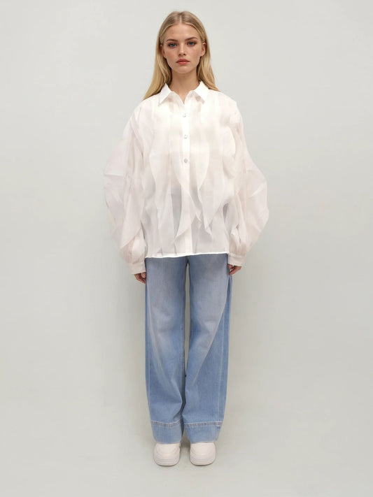 Sheer Ruffled Button-Up Shirt – Whisper Elegance – MJ251960