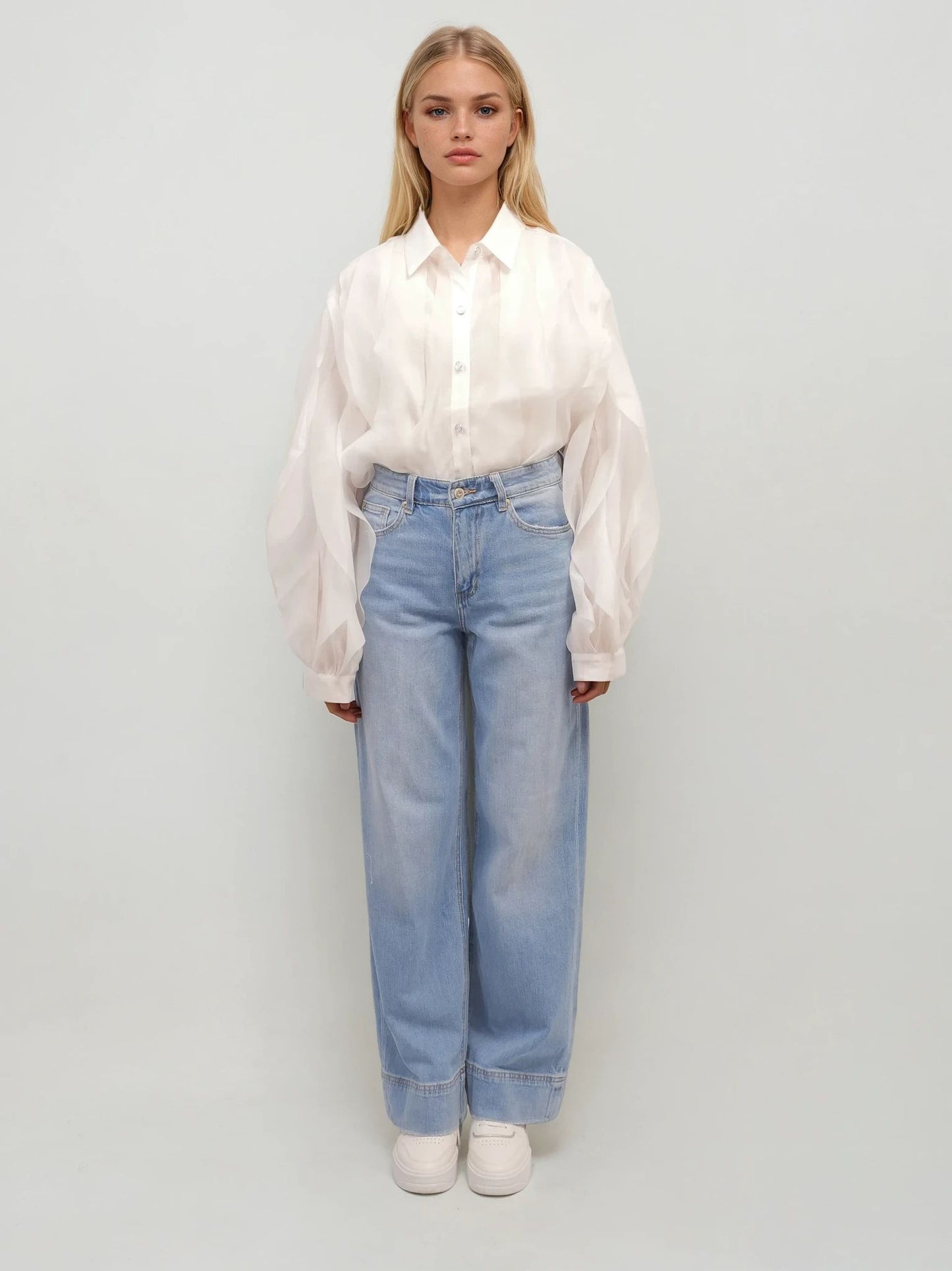 Sheer Ruffled Button-Up Shirt – Whisper Elegance – MJ251960