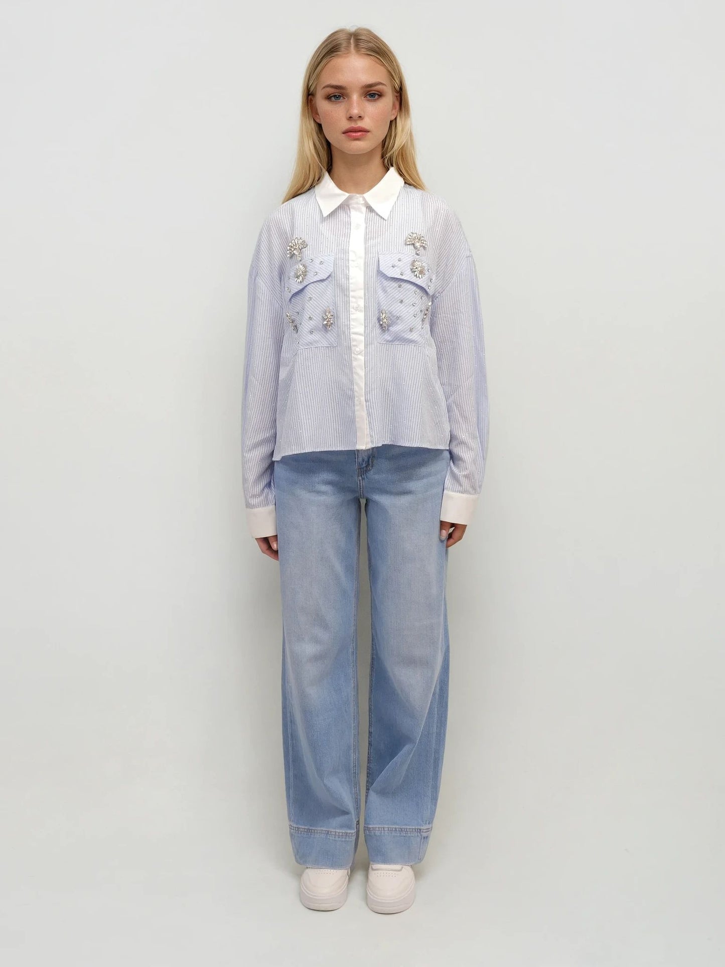Embellished Striped Button-Up Shirt – Elevated Classic – MJ251965