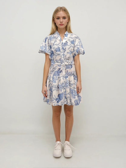 Ocean-Inspired Puff Sleeve Dress – Azure Serenity – MJ257791