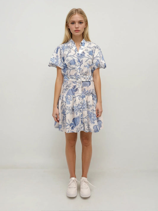 Ocean-Inspired Puff Sleeve Dress – Azure Serenity – MJ257791