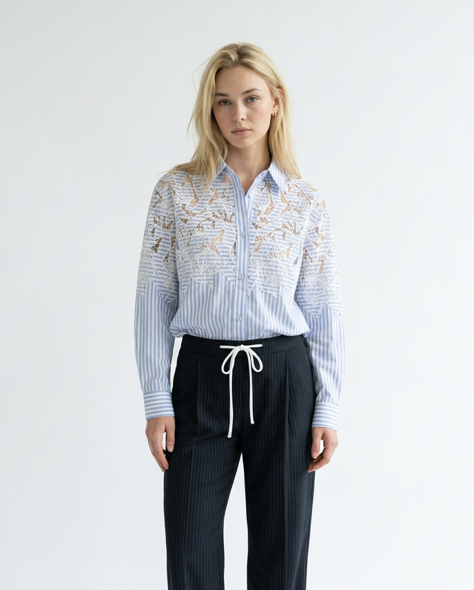 Chemise Bleu À Empiècement Dentelle – Maison Aurore – MJ277778
