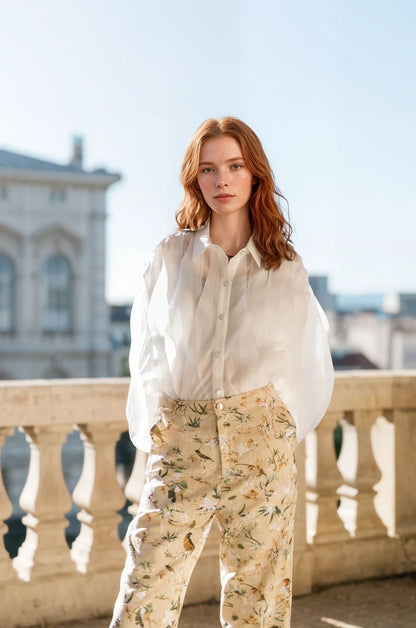 Sheer Ruffled Button-Up Shirt – Whisper Elegance – MJ251960