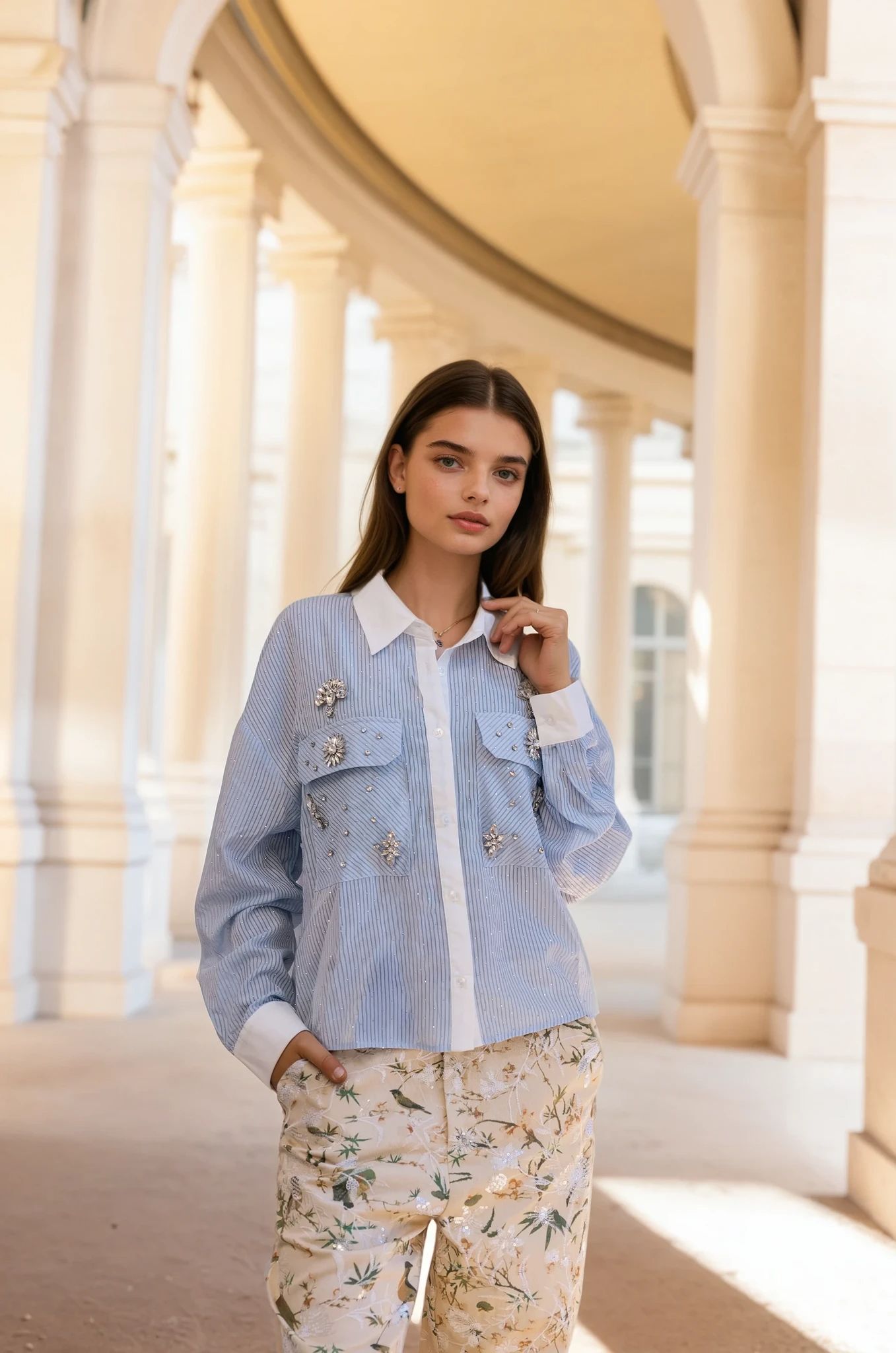 Embellished Striped Button-Up Shirt – Elevated Classic – MJ251965