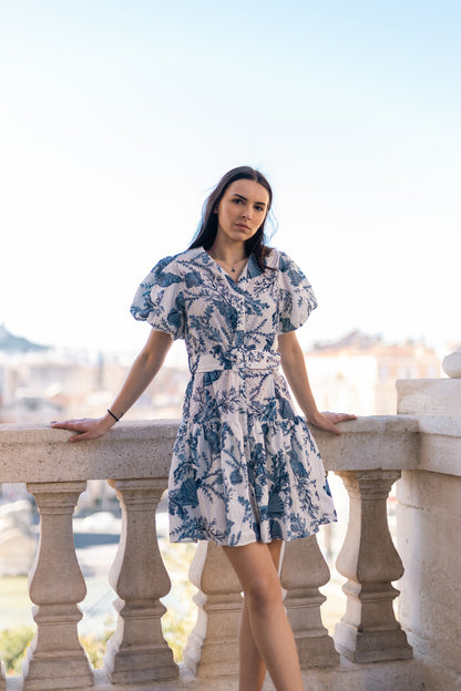 Ocean-Inspired Puff Sleeve Dress – Azure Serenity – MJ257791
