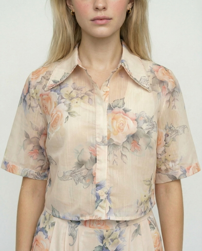 Sheer Floral Cropped Shirt – Blooming Grace – MJ2500057