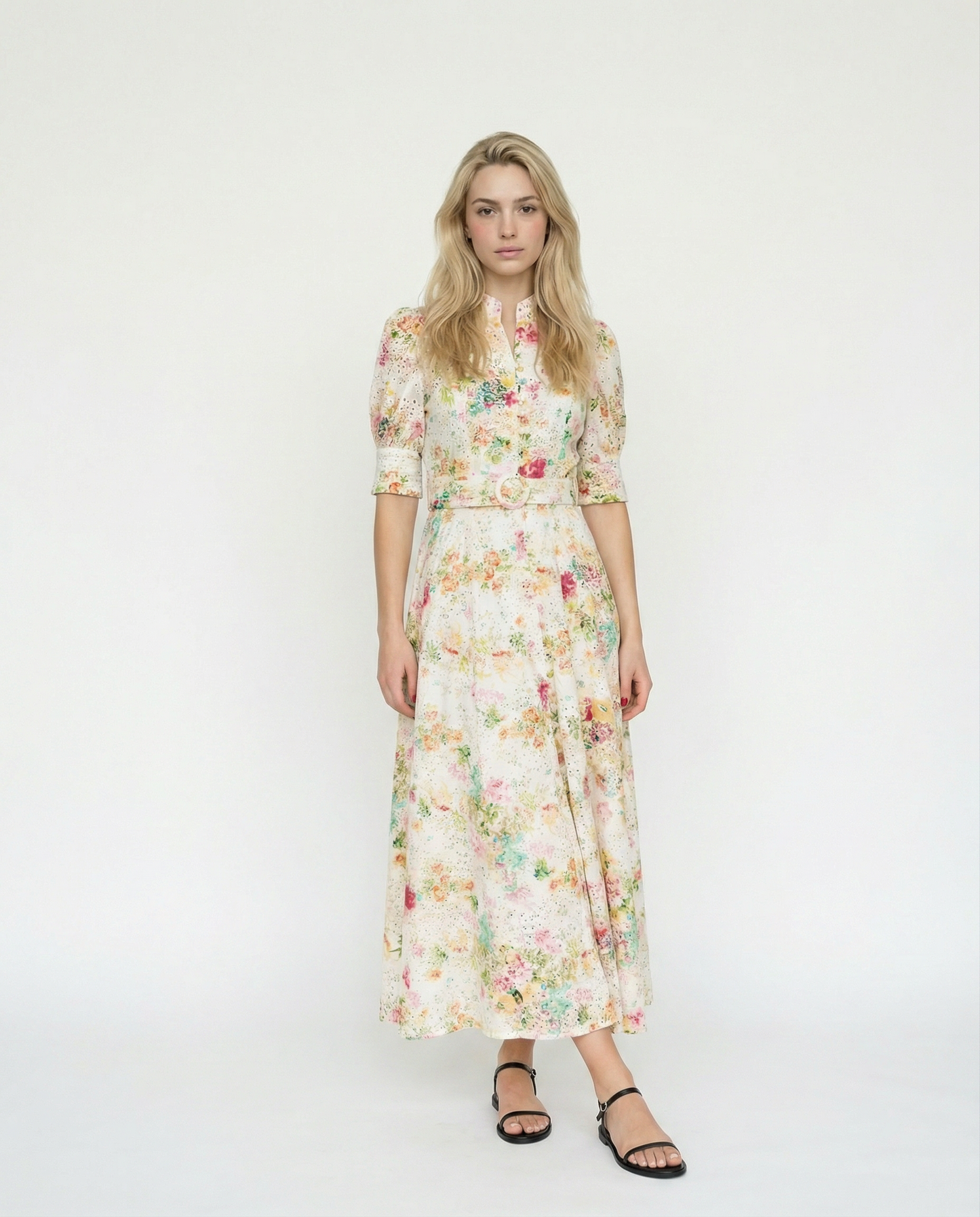 Robe Midi à Broderie Anglaise Fleurie avec Fond de Robe – Garden Reverie – MJ253111