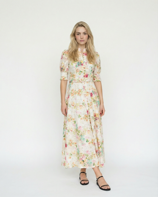 Robe Midi à Broderie Anglaise Fleurie avec Fond de Robe – Garden Reverie – MJ253111