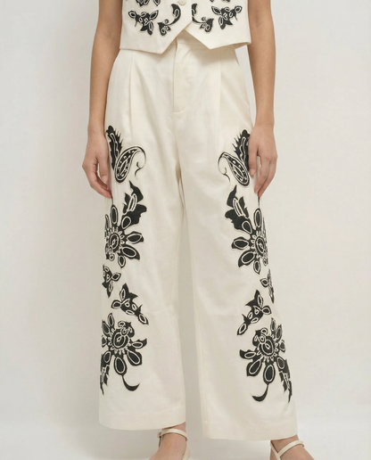Embroidered Wide-Leg Trousers – Monochrome Muse – MJ253241
