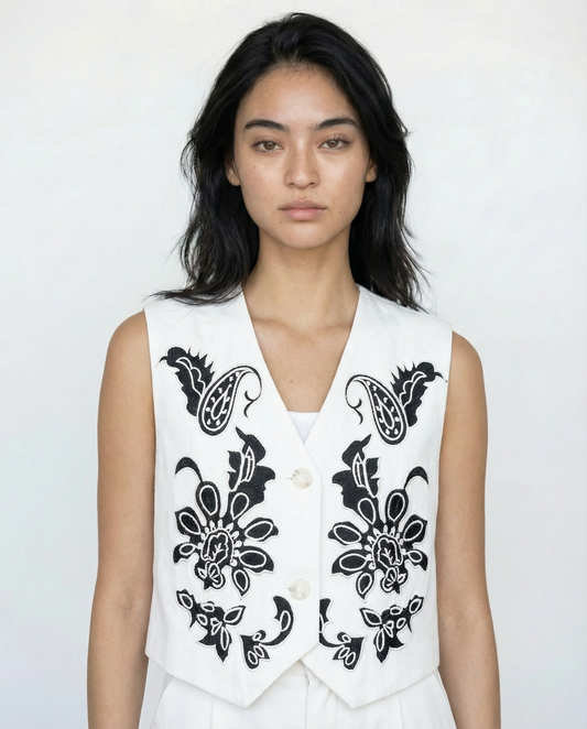 Gilet Brodé Sans Manches – Monochrome Muse – MJ253242
