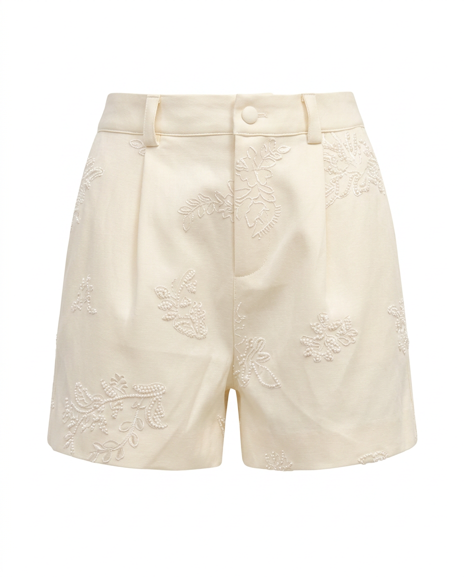 Embroidered High-Waist Shorts – Ivory Whisper – MJ257292