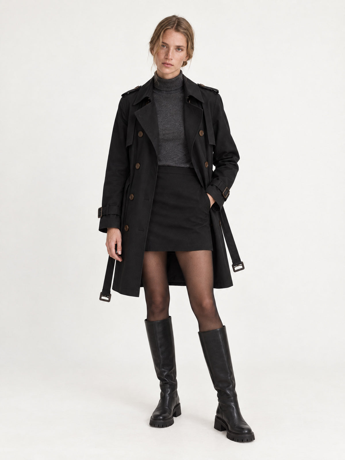 Black soft belted trench MJ27003, worn open