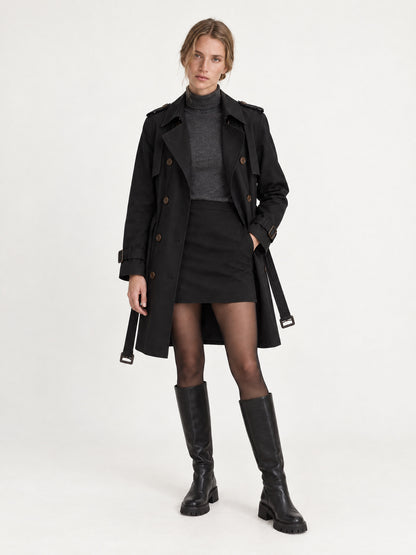 Black soft belted trench MJ27003, worn open