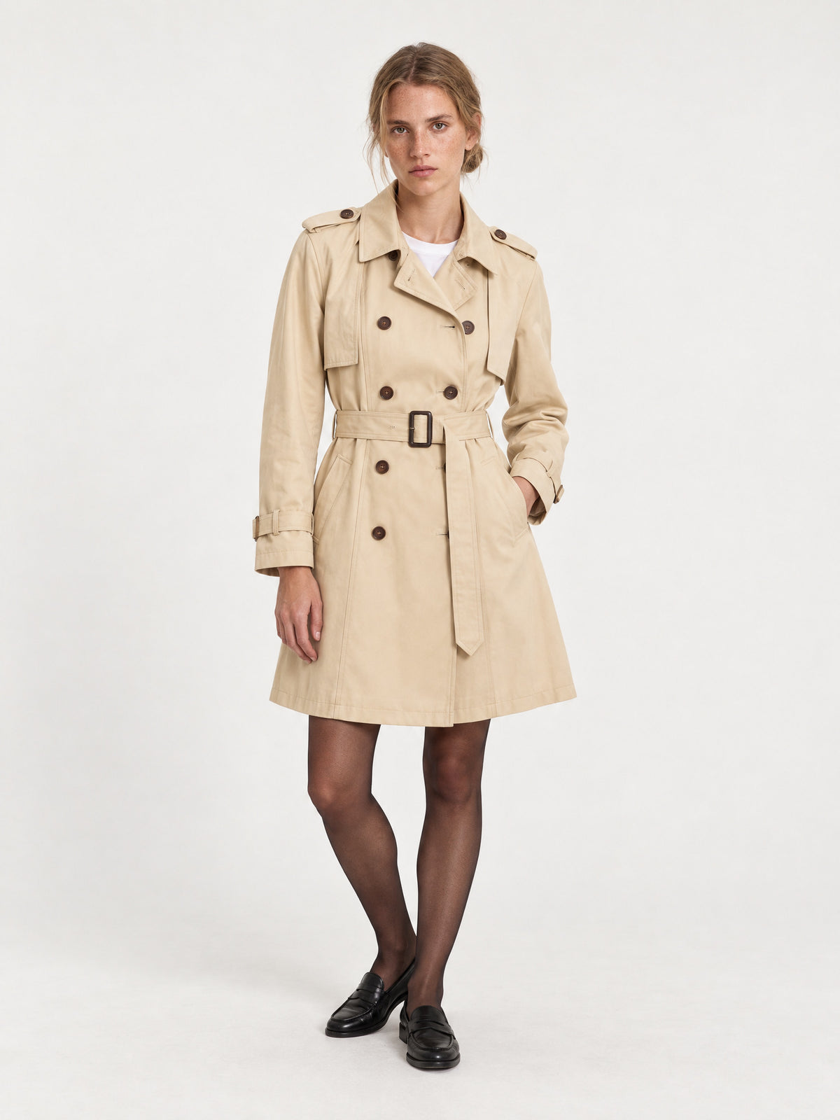 Sand soft belted trench MJ27003, worn buttoned and belted
