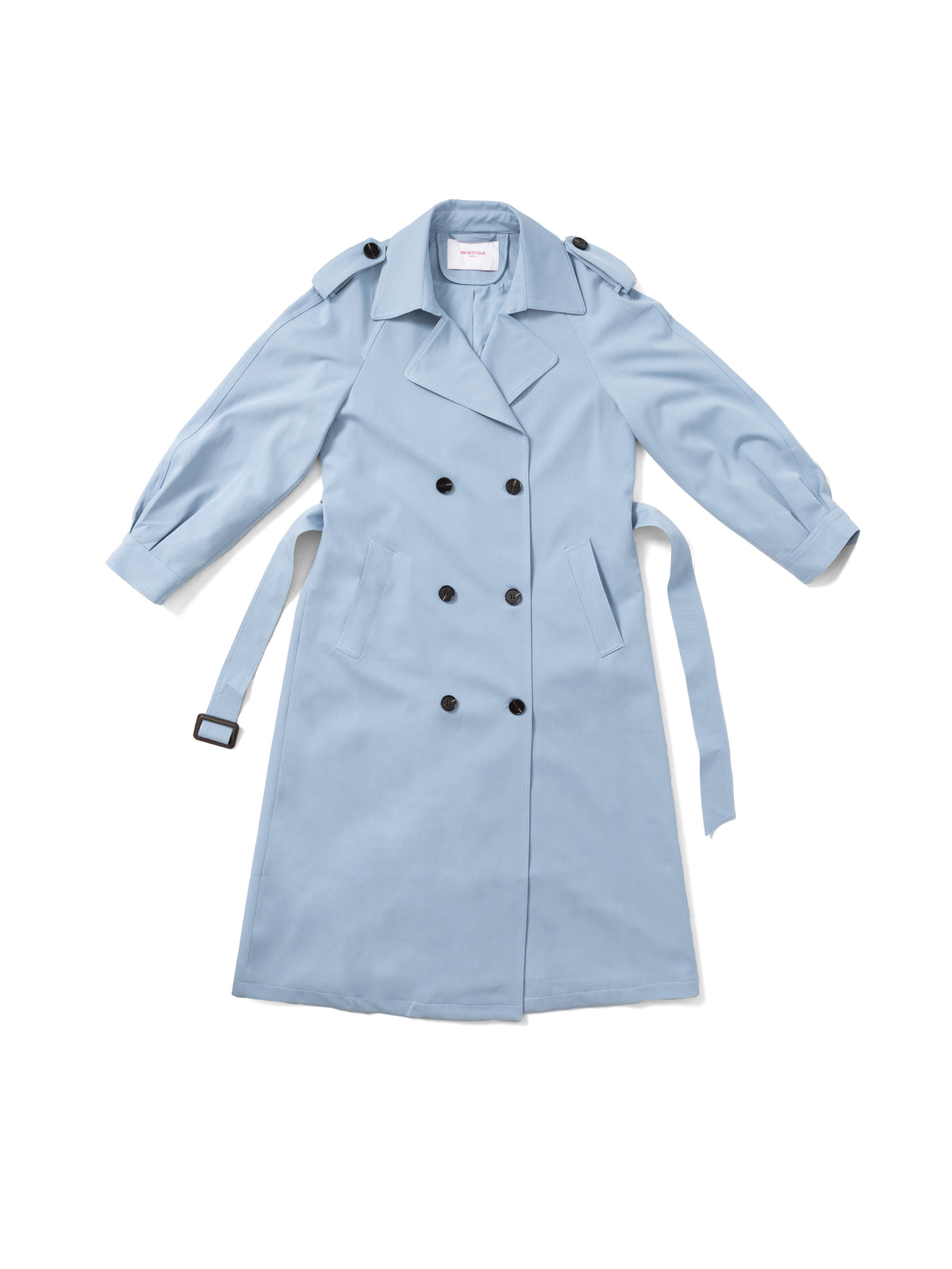 Sky blue belted trench coat MJ272606, front flat lay