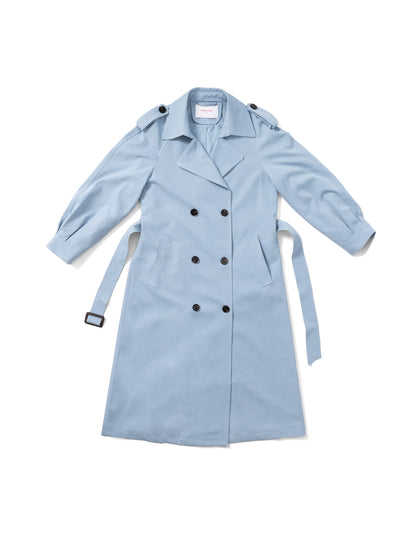 Sky blue belted trench coat MJ272606, front flat lay