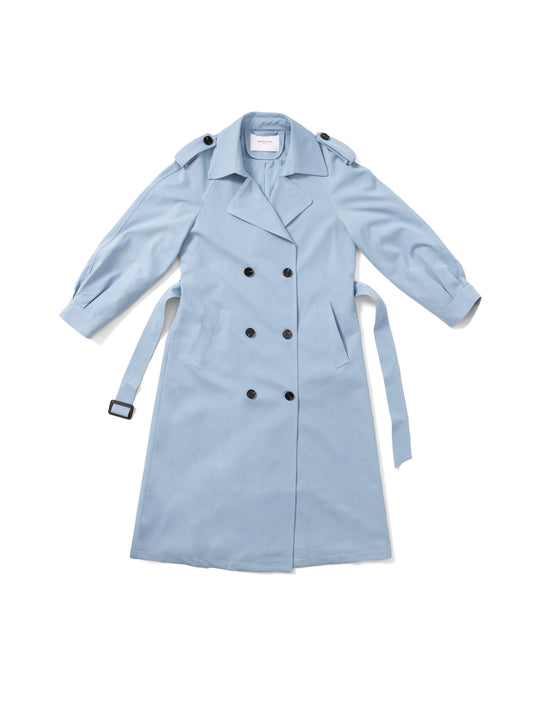 Sky blue belted trench coat MJ272606, front flat lay