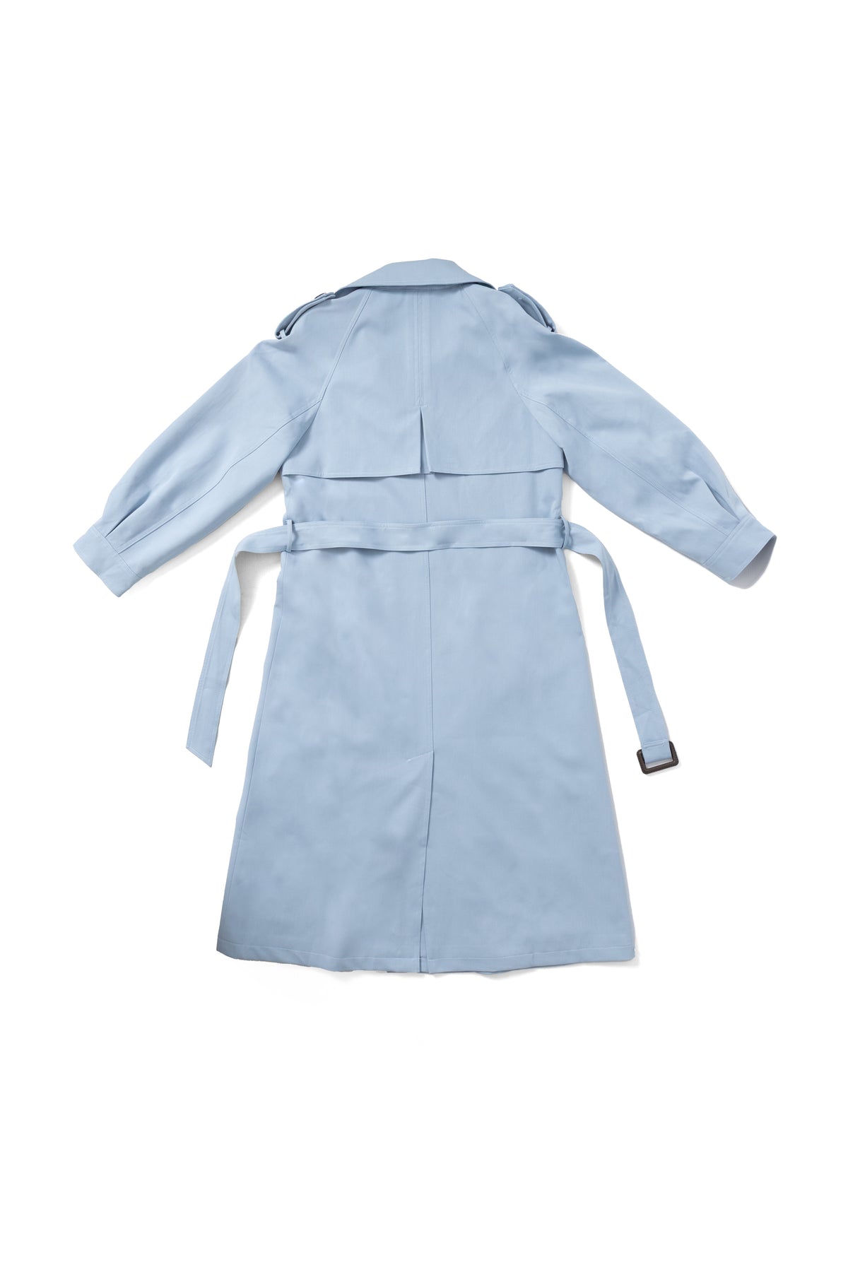 Sky blue belted trench coat MJ272606, back flat lay