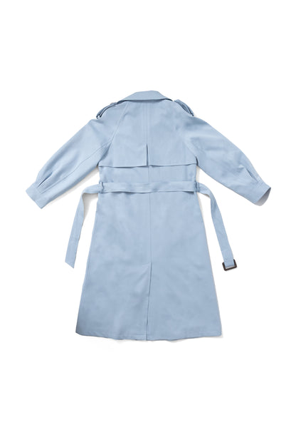 Sky blue belted trench coat MJ272606, back flat lay