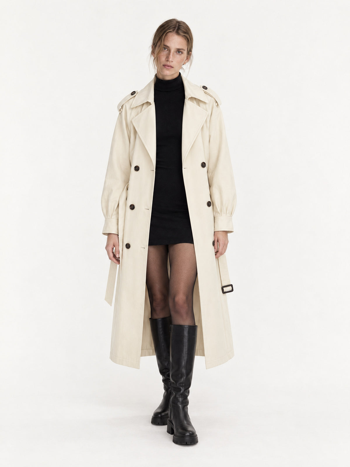 Beige belted trench coat MJ272606, worn open