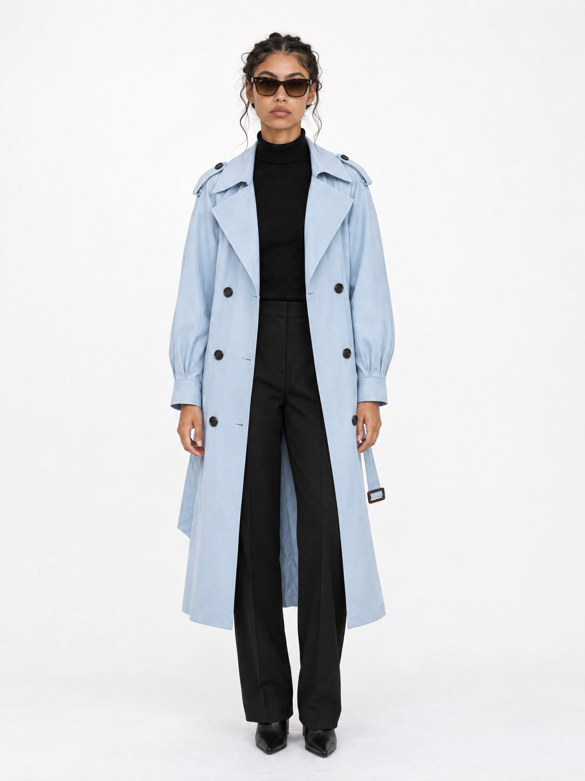Sky blue belted trench coat MJ272606, worn open with black trousers