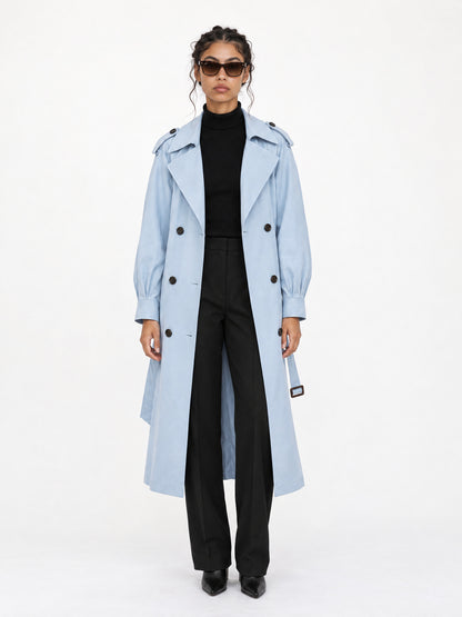 Sky blue belted trench coat MJ272606, worn open with black trousers