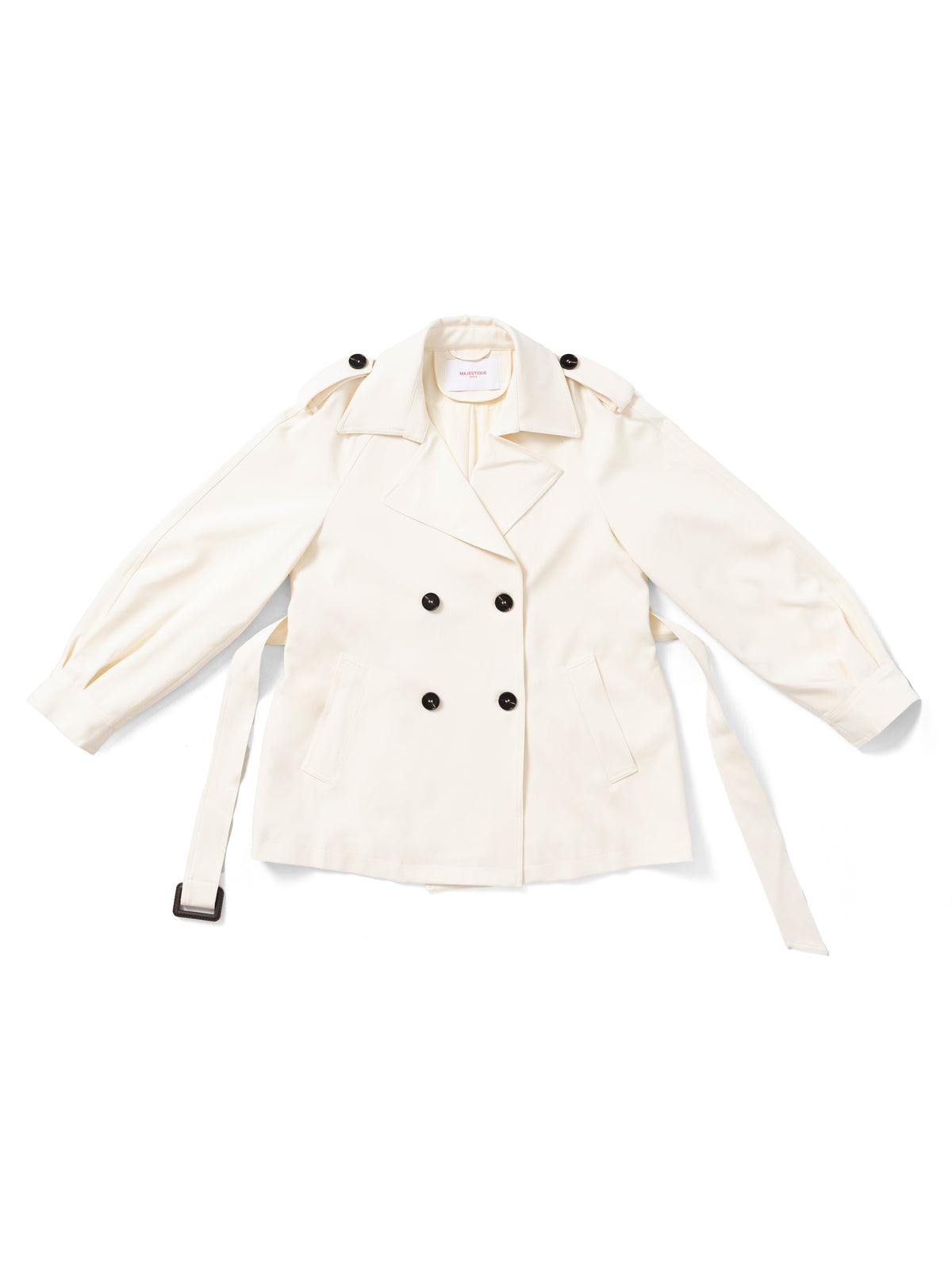 Beige short belted trench MJ272607, front flat lay