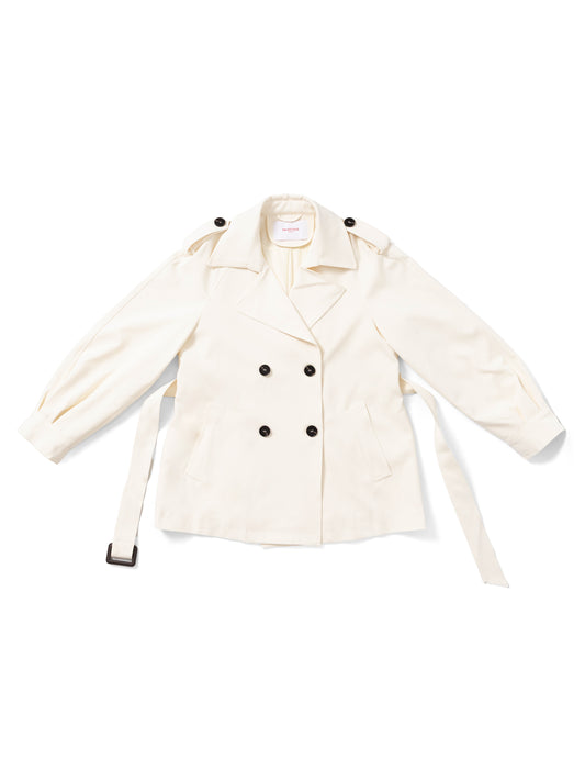 Beige short belted trench MJ272607, front flat lay