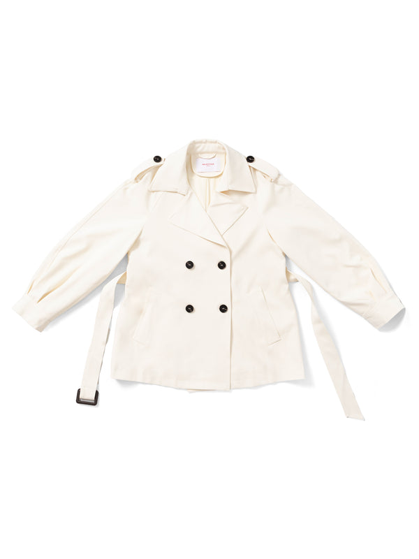 Beige short belted trench MJ272607, front flat lay
