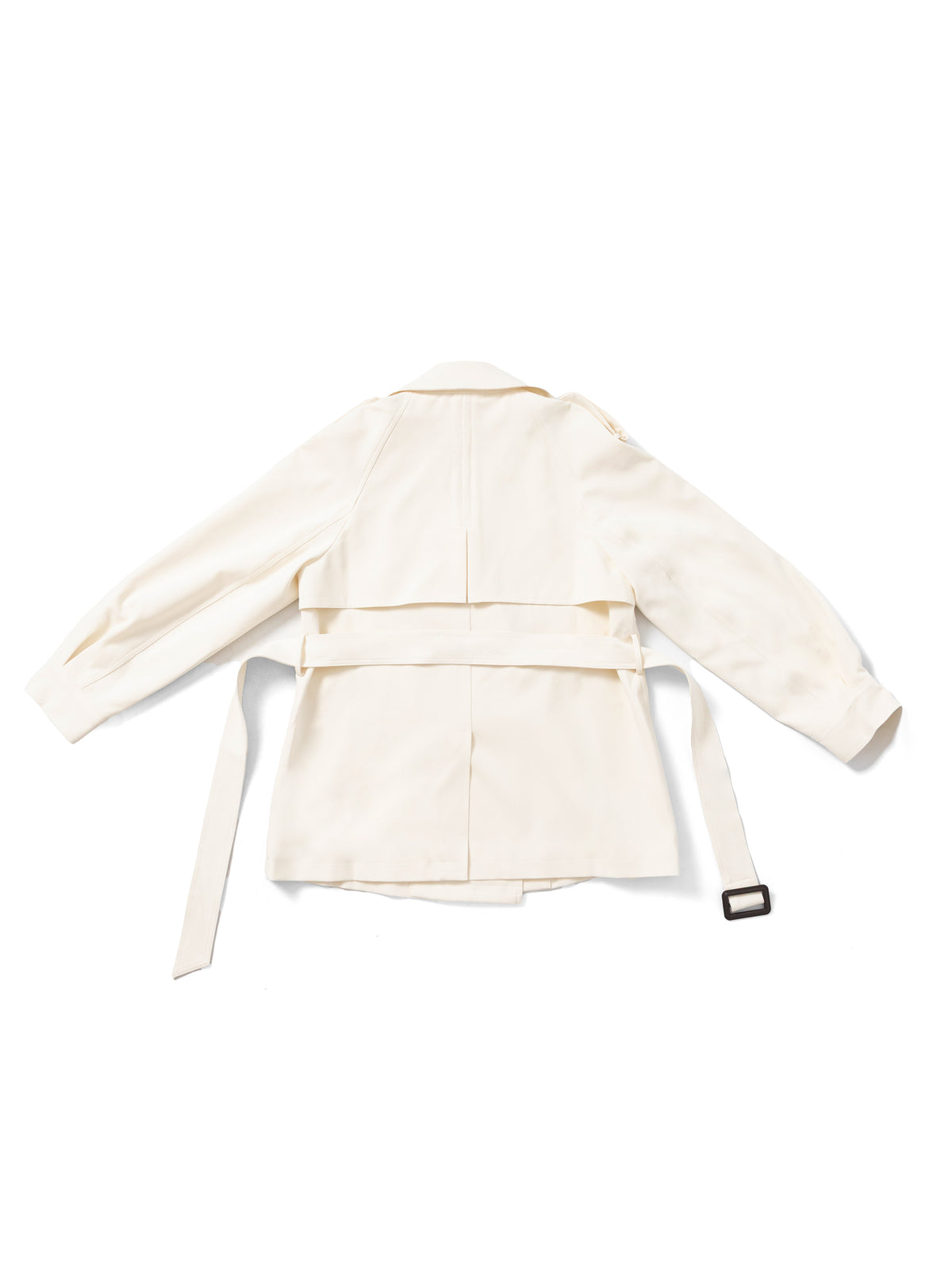 Beige short belted trench MJ272607, back flat lay