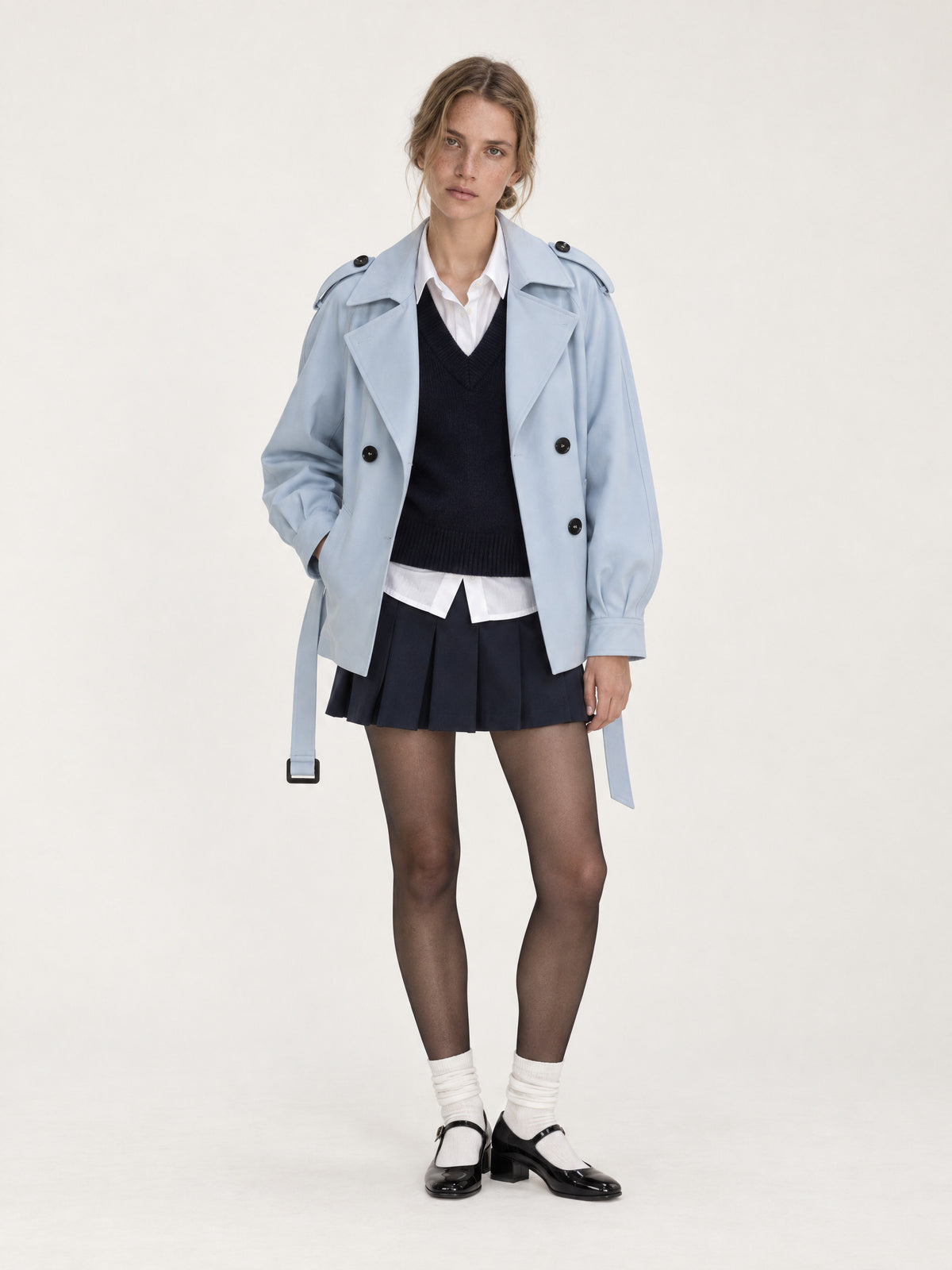 Sky blue short belted trench MJ272607, worn open