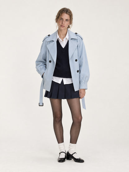 Sky blue short belted trench MJ272607, worn open