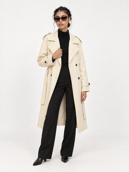 Beige structured belted trench MJ2732403, worn open