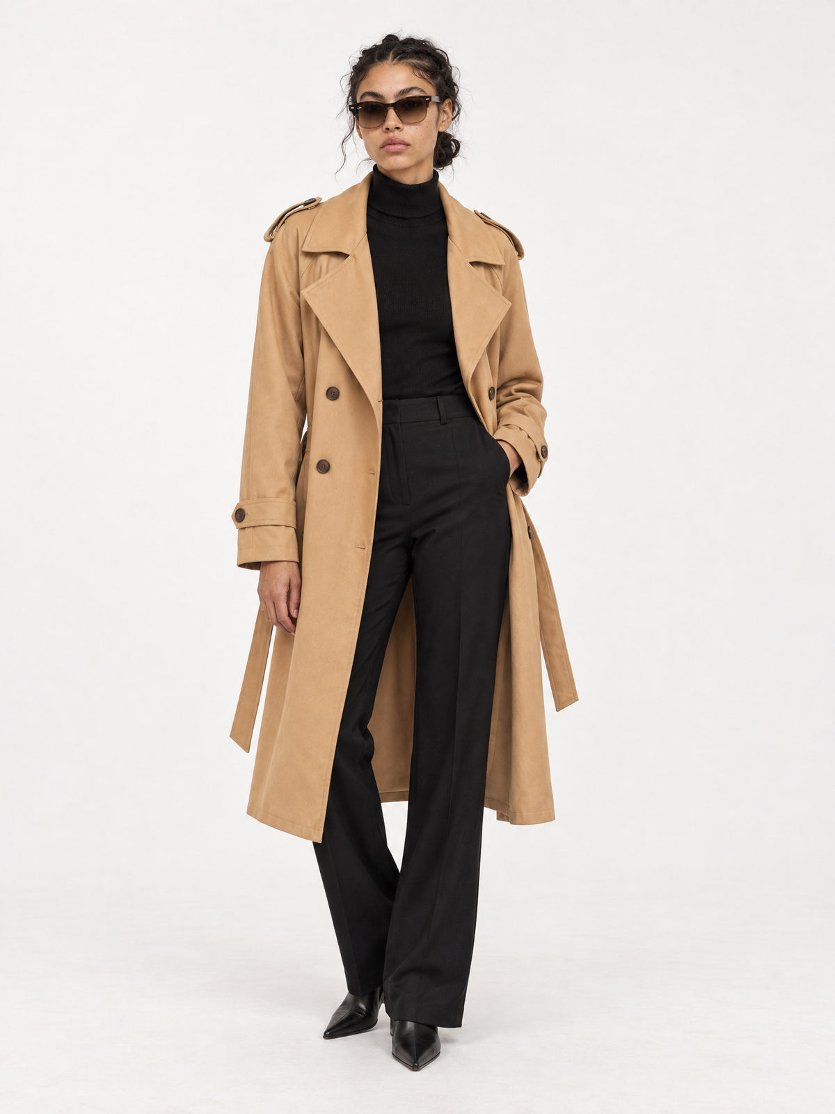 Camel structured belted trench MJ2732403, worn open