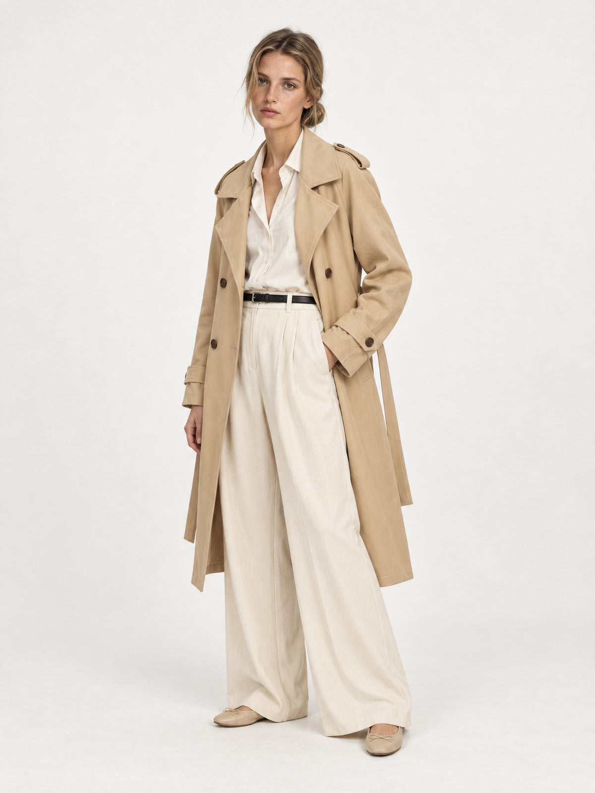 Sand structured belted trench MJ2732403, worn open with cream trousers