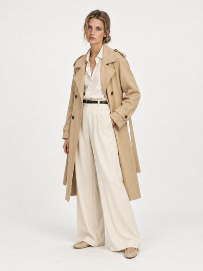 Sand structured belted trench MJ2732403, worn open with cream trousers