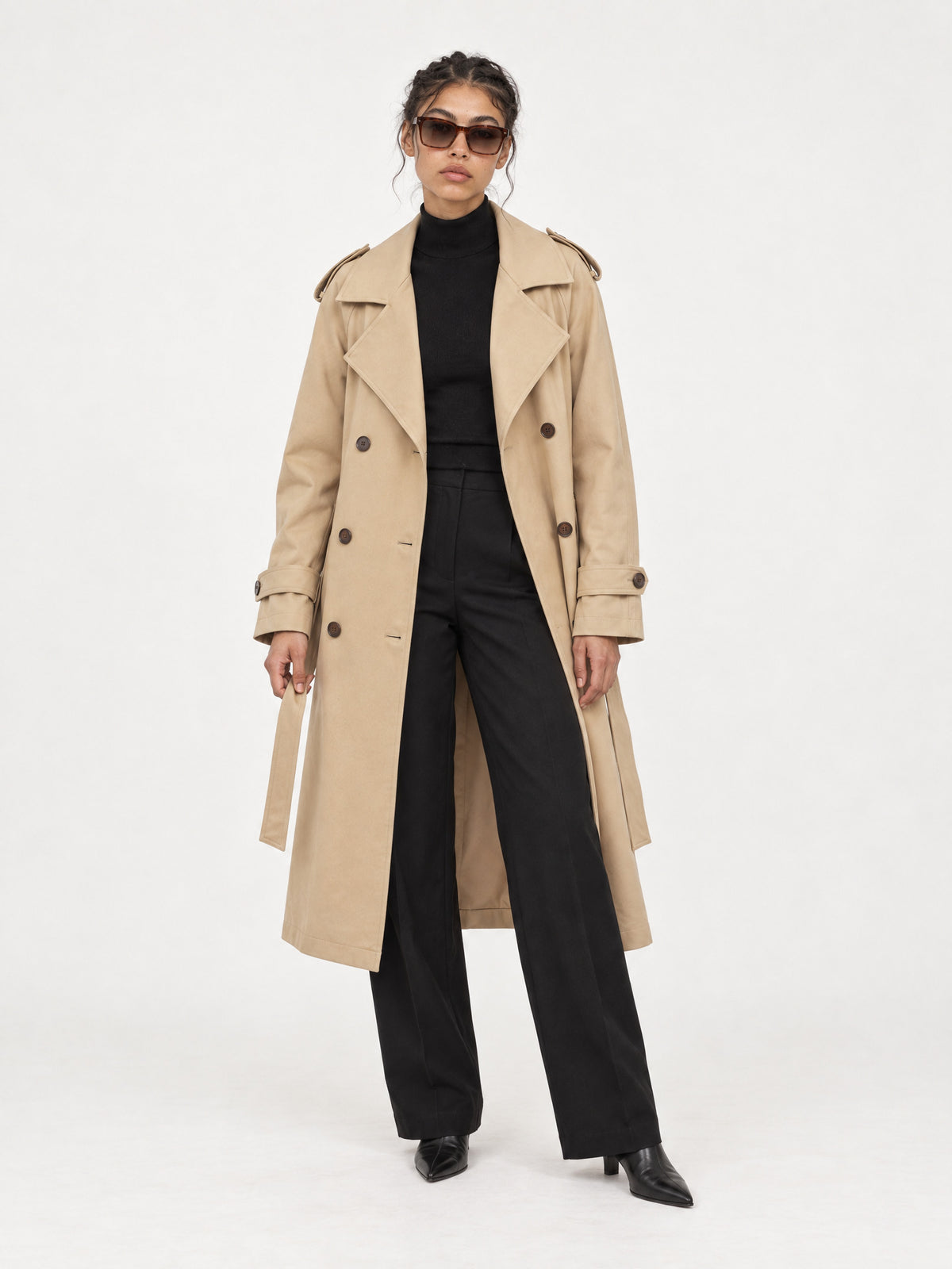 Sand structured belted trench MJ2732403, worn open with black trousers