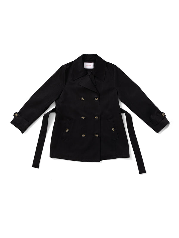 Black short trench jacket MJ275002, front flat lay