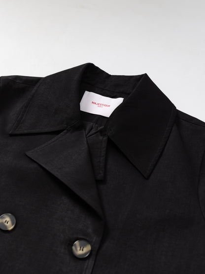 Black short trench jacket MJ275002, collar and label detail