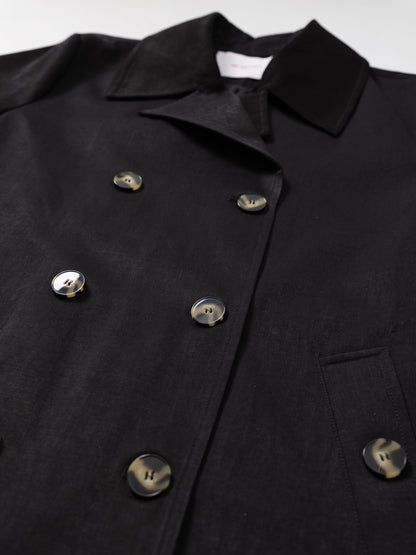 Black short trench jacket MJ275002, button and pocket detail