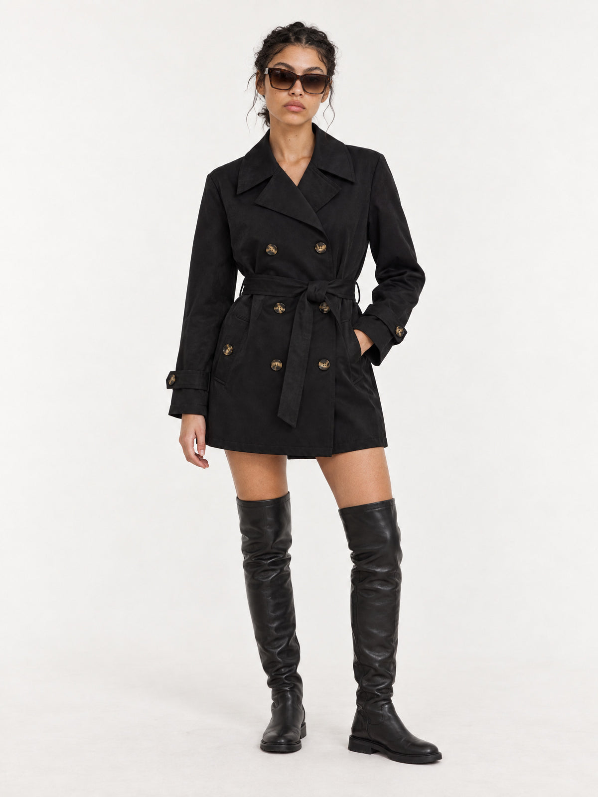 Black short trench jacket MJ275002, worn belted