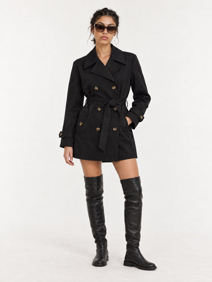 Black short trench jacket MJ275002, worn belted